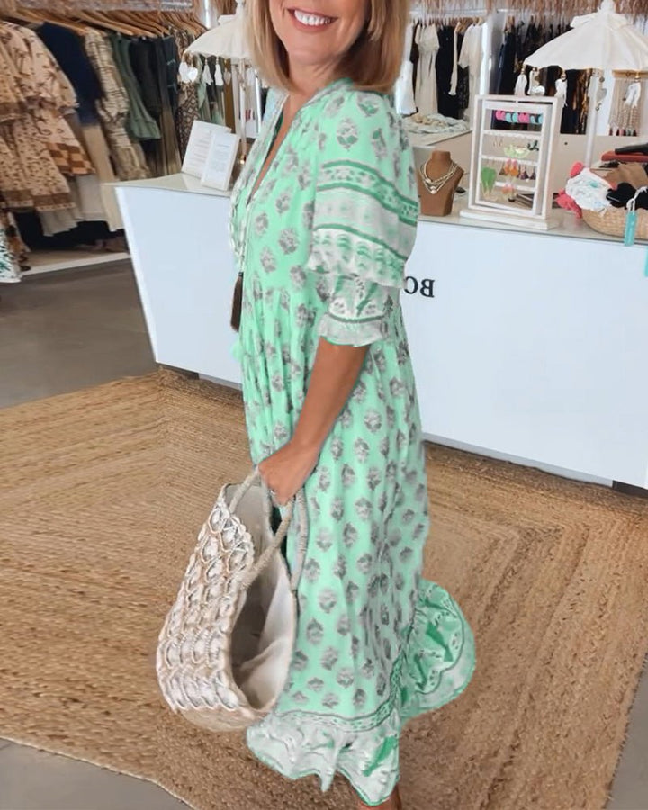 Signe™ - Chic blomstret kjole med V-hals